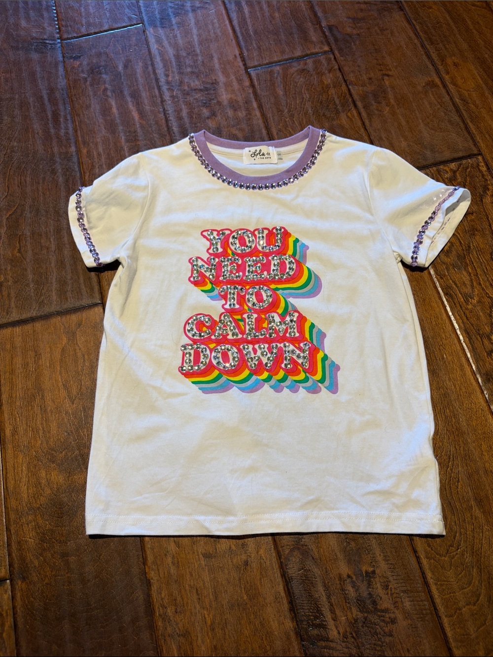 Bella Dahl White Short-Sleeve Tee with Rainbow Graphic and Lavender Trim